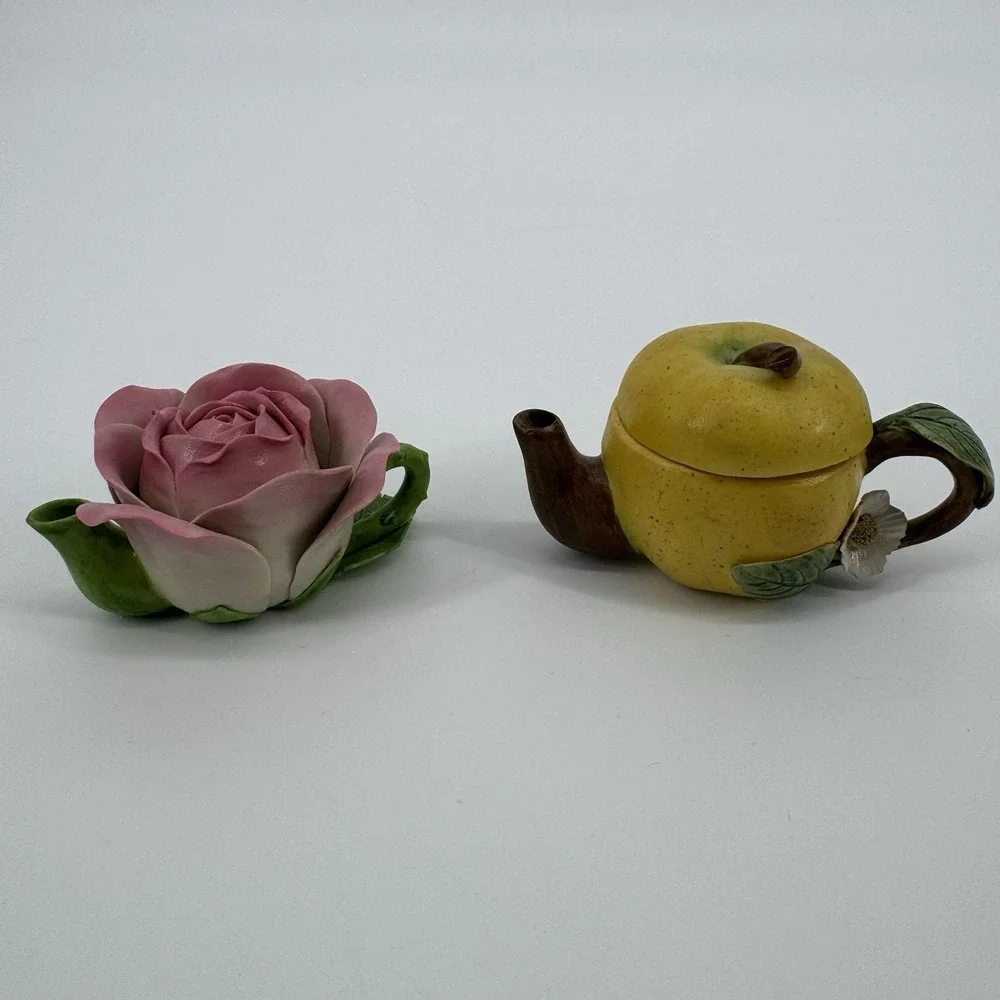 Vintage Style Rose & Apple Teapot Set Miniature Floral Novelty Cottagecore Chic